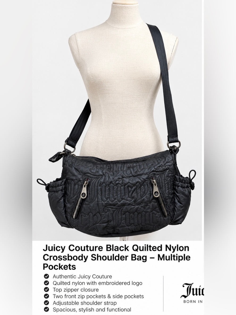 Y2K Juicy Couture Black Quilted Nylon Crossbody Shoulder Bag